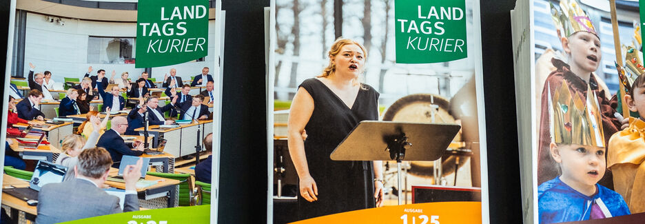 Auf einem offenen Regal liegen diverse Broschüren und Magazine.