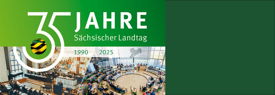 Logo zu 35 Jahre Sächsischer Landtag mit historischem und neuem Plenarbild