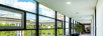 leerer Bürogang im Altbau des Parlaments mit Blick auf den begrünten Innenhof und blauen Himmel mit Wolken