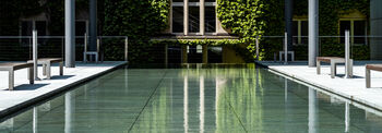 Ein hellgrünes Wasserbecken, das am Rand von Sitzbänken gesäumt ist. Am Ende des Beckens erkennt man eine bewachsene Gebäudefassade.