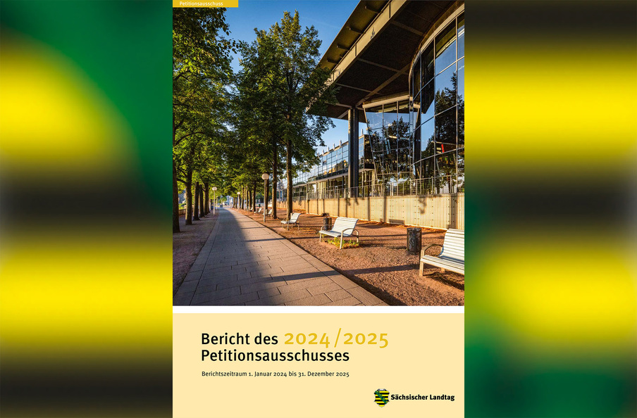 Titelbild des Petitionsberichts 2024/2025 mit Außenansicht vom Landtagsneubau