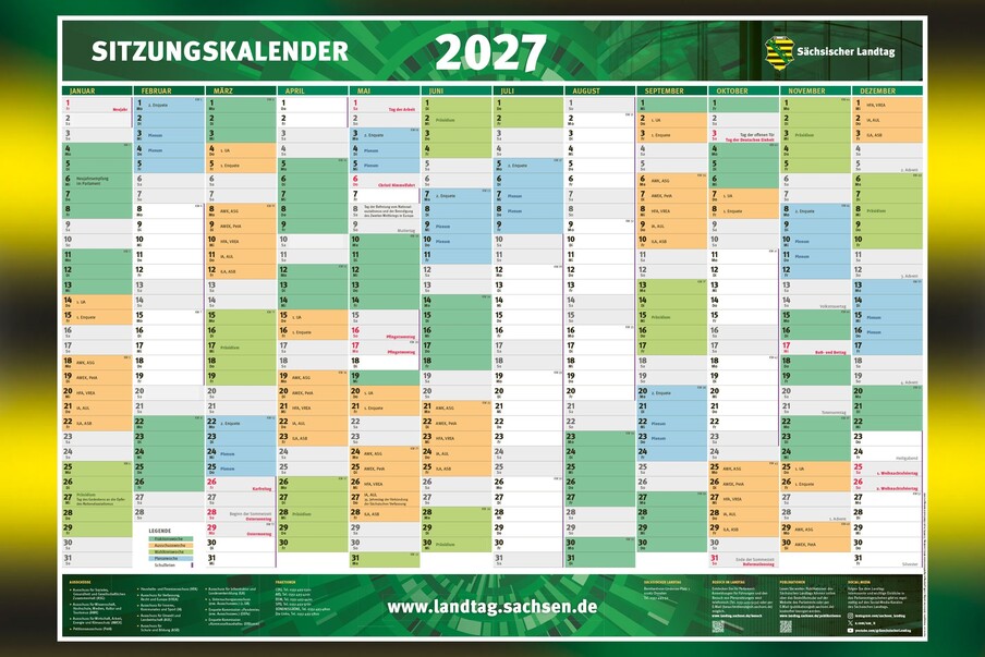 Wandkalender 2027 mit den Sitzungsterminen des Sächsischen Landtags