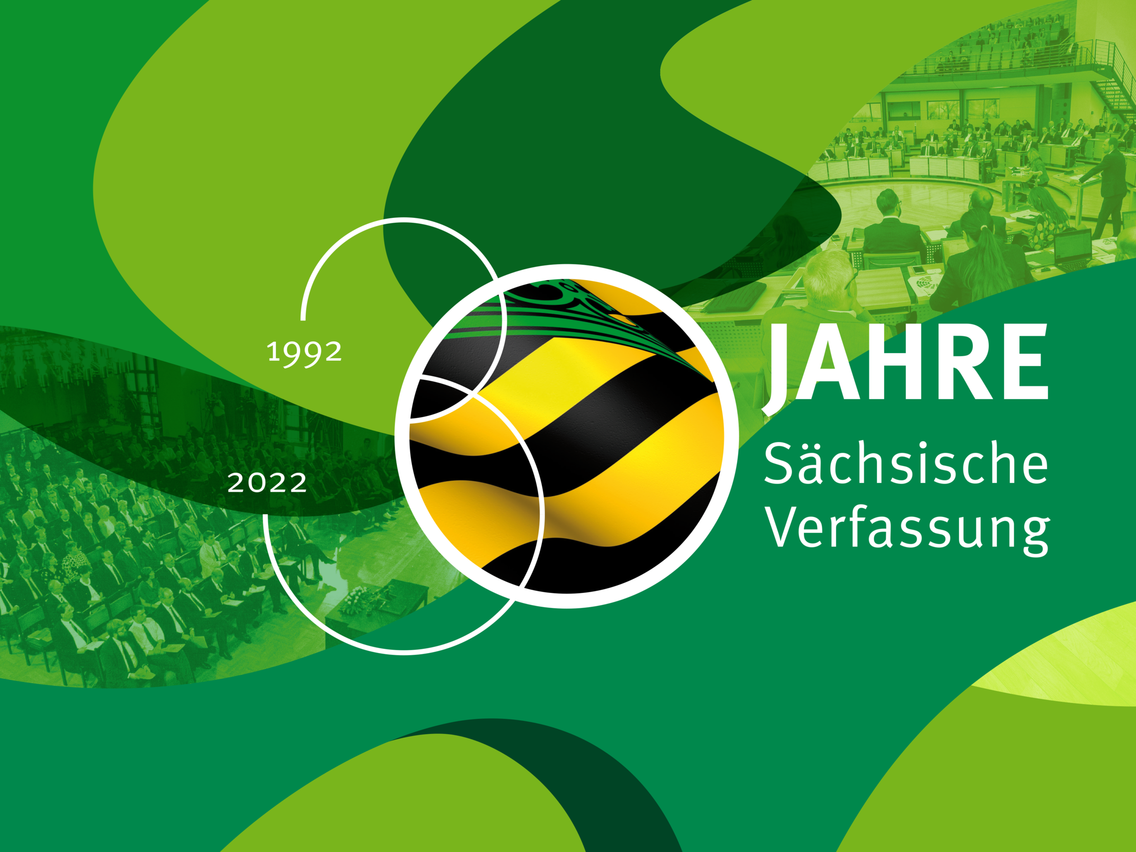 Logo 30 Jahre Sächsische Verfassung - 30 auf grünem Grund mit Sachsenfahne in der 0