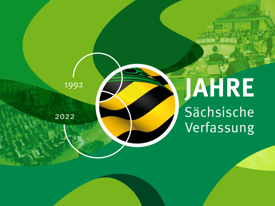 Logo 30 Jahre Sächsische Verfassung - 30 auf grünem Grund mit Sachsenfahne in der 0