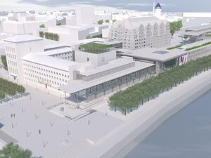 Blick von oben auf die Visualisierung der Landtagserweiterung mit Kubus und Erweiterungsbau