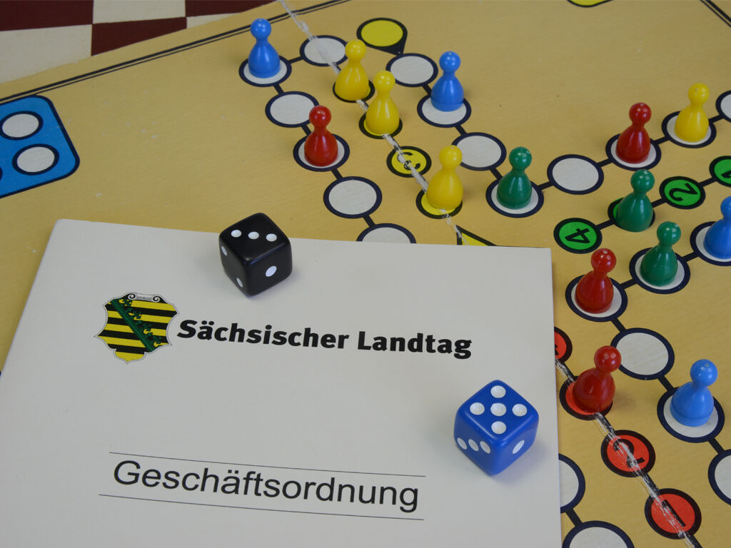 Die Geschäftsordnung des Sächsischen Landtags liegt auf einem Würfelspielbrett.
