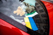 Zeichen setzen: Flaggen der Ukraine und des Freistaats Sachsen im Auto des Abgeordneten
