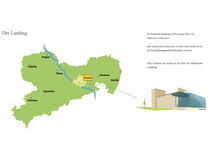 Sachsenkarte mit stilisiertem Landtagsgebäude und Pfeil, der auf Dresden  zeigt