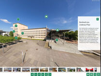 Ein Screenshot aus dem Virtuellen Rundgang zeigt das Landtagsgebäude von außen.