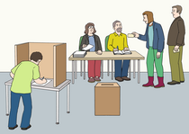Menschen befinden sich in einem Wahllokal. Ein Mann macht gerade in der Wahlkabine seine Kreuze auf dem Stimmzettel.