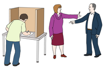 Menschen sind in einem Wahllokal. Ein Mann kreuzt in der Wahlkabine seinen Stimmzettel an.