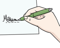 Hand mit grünem Stift beim Schreiben auf einem Blatt