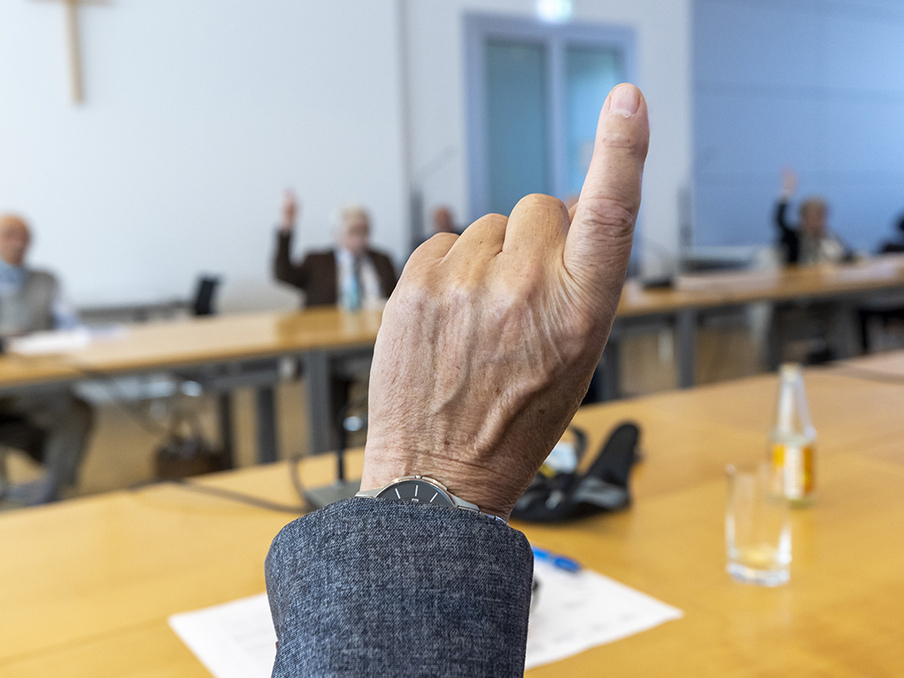 Mitglieder der VeMdL heben die Hände zur Abstimmung während einer Vorstandswahl