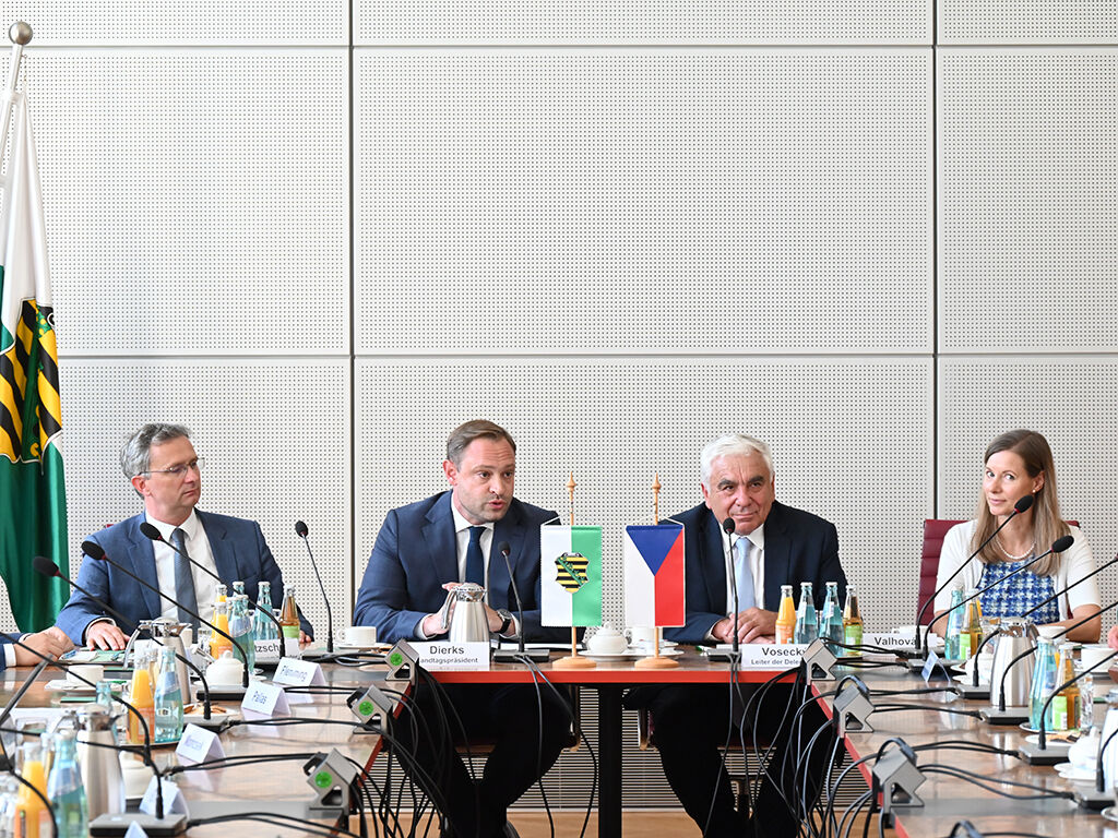 Ausschussvorsitzender Oliver Fritzsche, Landtagspräsident Alexander Dierks, Leiter der Delegation Jiří Vosecký, Generalkonsulin, Ivona Valhová  